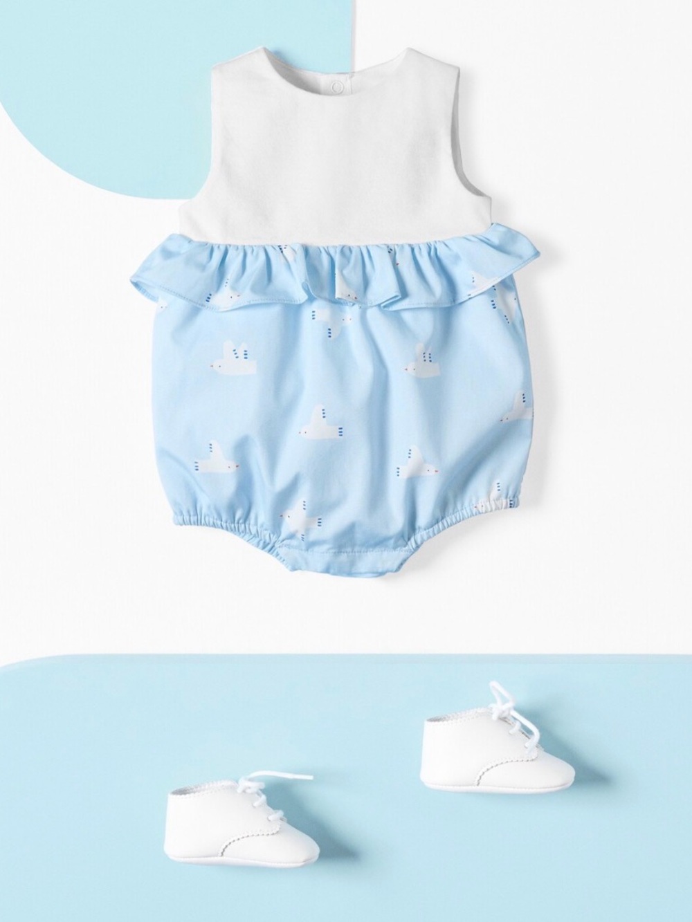 Jacadi Paris Baby Light Blue & White Ruffle Romper Bird Print 12 Months